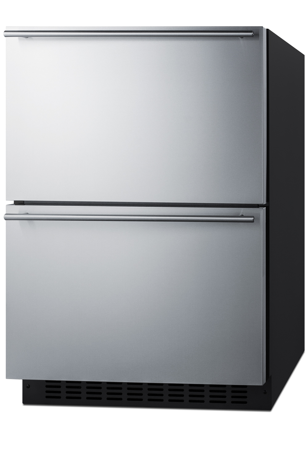 24 in. wide ADA compliant outdoor 2-drawer frost-free freezer for residential or commercial use, with panel-ready stainless steel drawer fronts, black cabinet, and digital controls